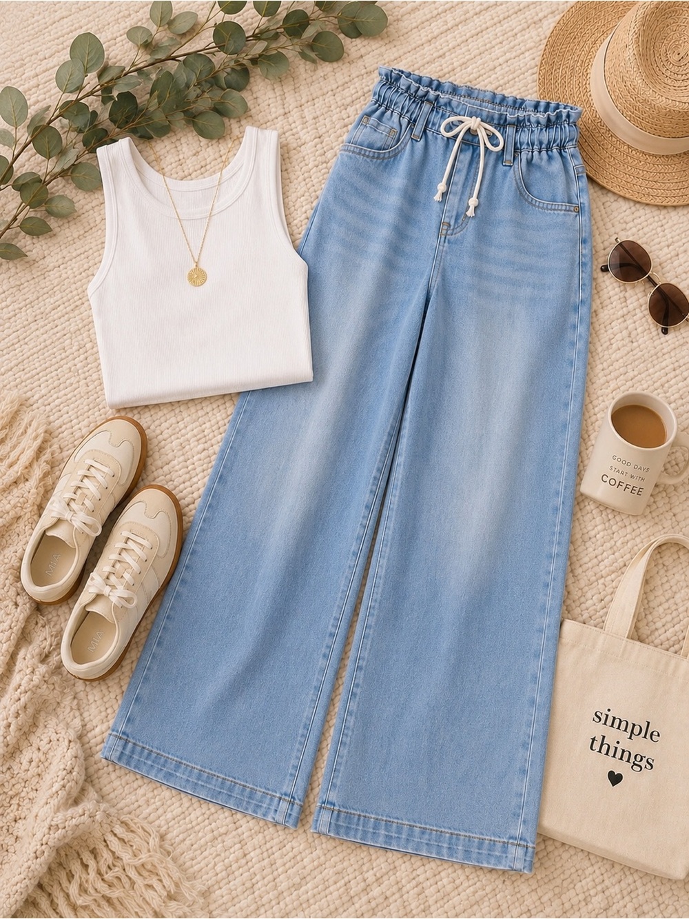 Wide Leg Drawstring Jeans Light Wash High Rise Paperbag Waist Size XS